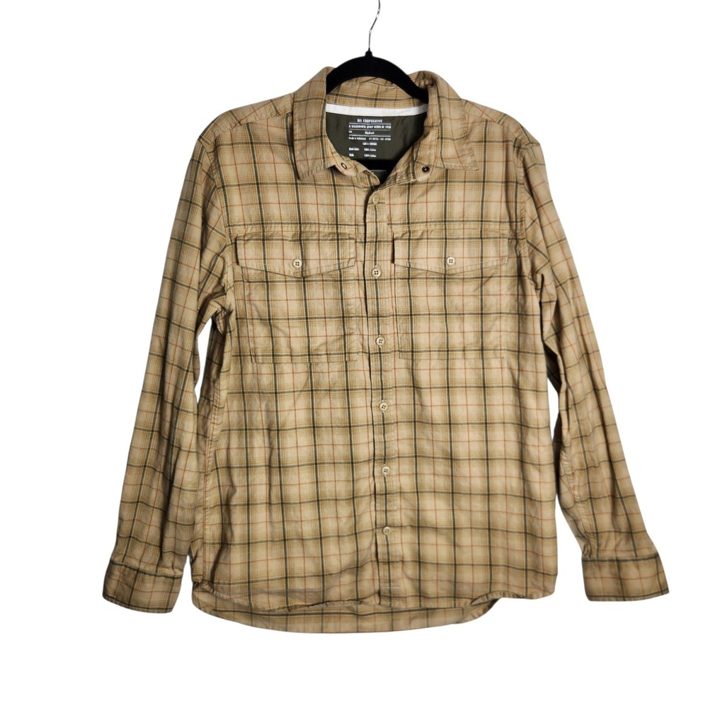 REI Co-op Mens Plaid Long Sleeve Button Down Cotton Shirt Tan Olive Medium